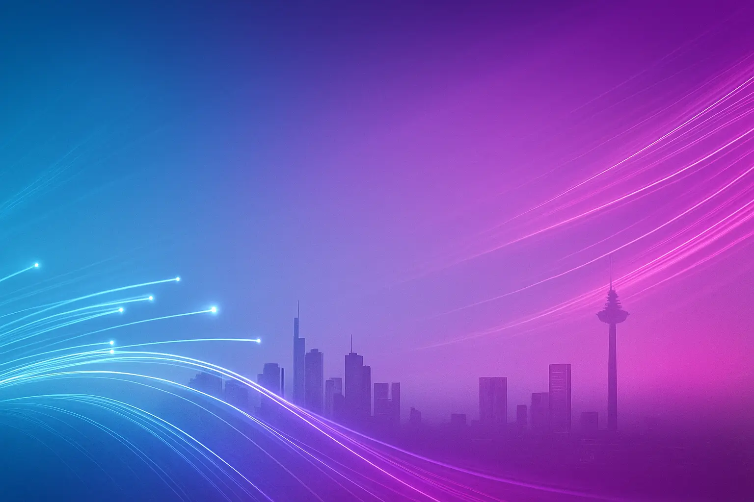 Frankfurter Skyline mit Lichtspuren für Glasfaser- und Netzwerkinfrastruktur