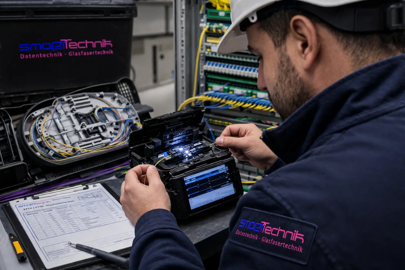 Techniker von smaRTtechnik fuehrt Glasfaser von einer Kabeltrommel in einer Industriehalle