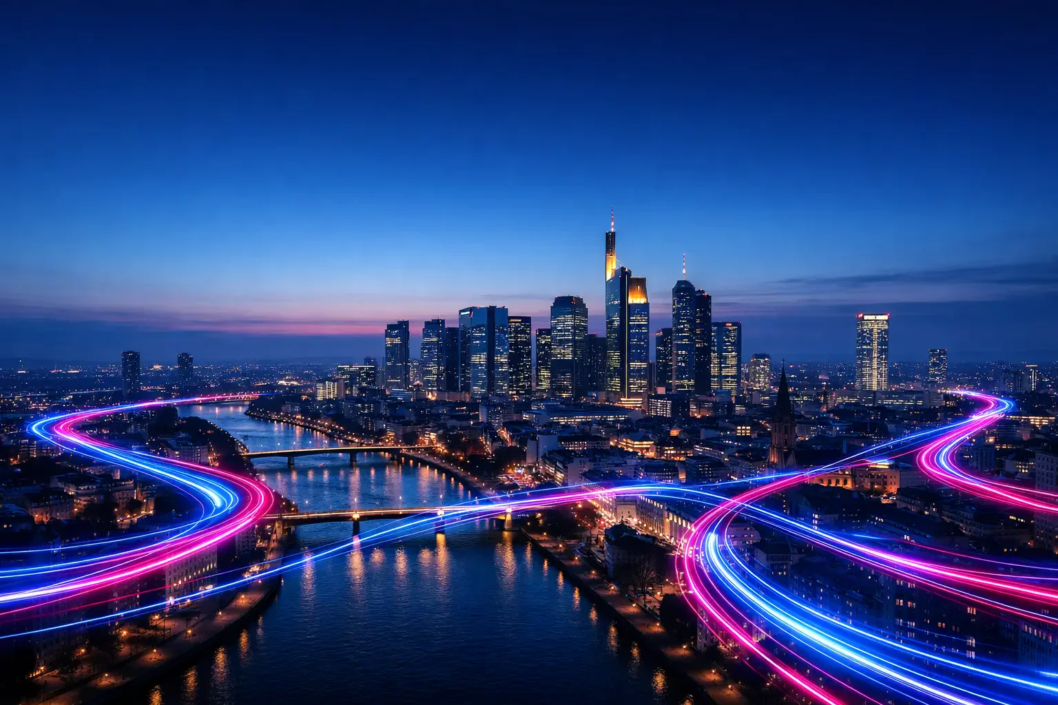 Panorama von Frankfurt am Main mit visualisierten Glasfasertrassen