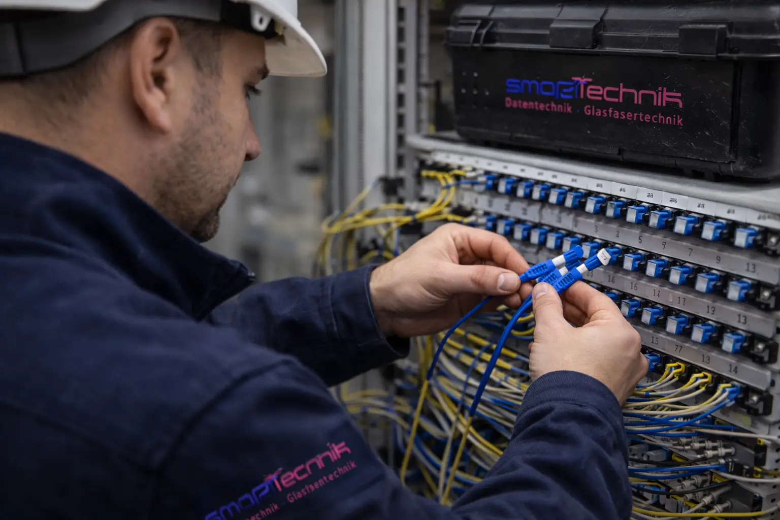 OTDR-Messgerät ist während einer Glasfaserprüfung mit einem Rack verbunden